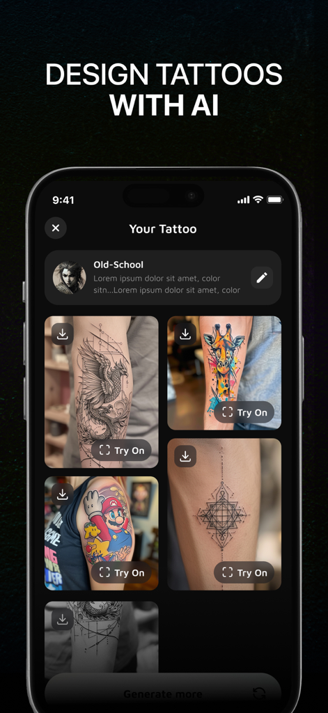 AI Tattoo Maker & Generator - AI Tattoo Maker app screen showing multiple AI generated tattoo designs and a try on feature