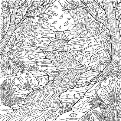 Capture the breathtaking beauty of autumn with this stunning cascade waterfall coloring page. Featuring rich details of nature's fall bounty, it's perfect for a relaxing creative escape.
