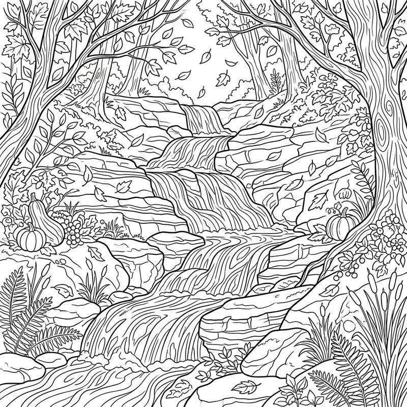 Capture the breathtaking beauty of autumn with this stunning cascade waterfall coloring page. Featuring rich details of nature's fall bounty, it's perfect for a relaxing creative escape.