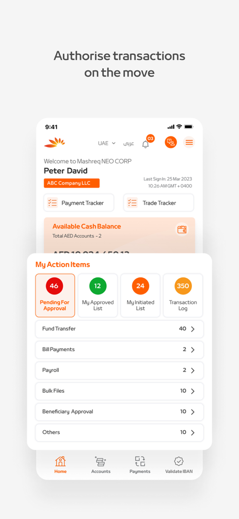 Mashreq NEO CORP - Tableau de bord de l'application mobile Mashreq NEO CORP affichant les éléments d'action pour les approbations de transactions en attente et les virements de fonds.