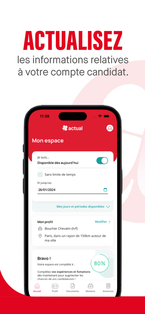 Interfaccia dell'app my actual che mostra le impostazioni del profilo utente e l'interruttore di disponibilità del lavoro