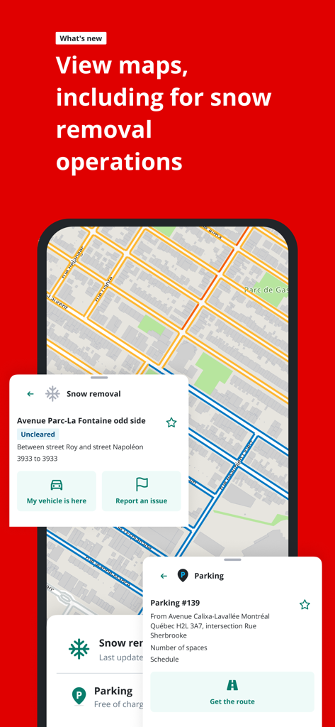 Oberfläche der 311 Montreal App, die eine Stadtkarte mit dem Status der Schneeräumung und Parkinformationen zeigt.