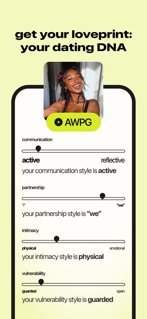 nectar dating by Jubilee - A screen from nectar dating by Jubilee showing a Loveprint profile with dating DNA traits like communication and partnership styles.