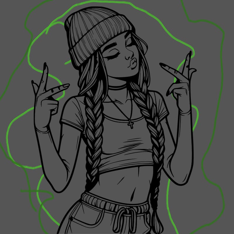 realistic teenage girl with braids and a beanie and crop top doing 🫶🏼