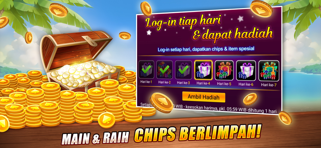 Luxy Domino Gaple QiuQiu Poker - Daily login reward screen for Luxy Domino featuring a treasure chest and stacks of gold coins.
