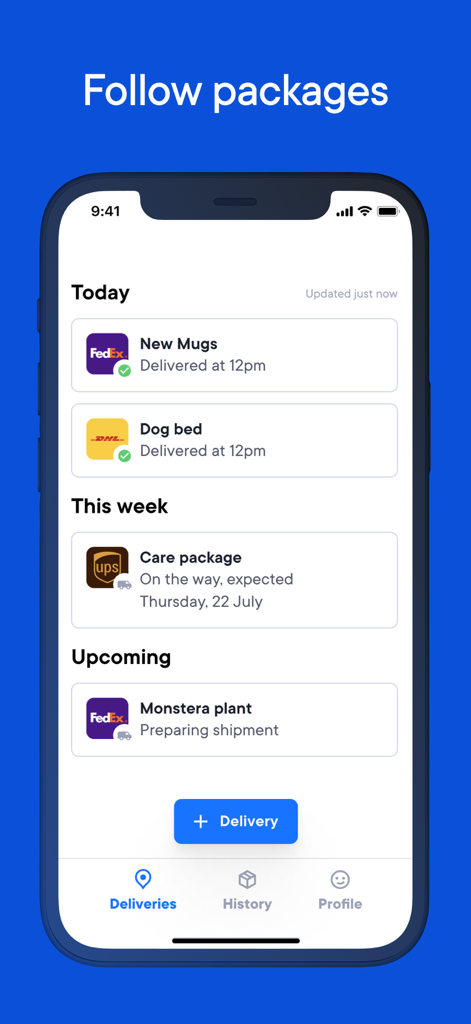 Spoke Package Tracker - Spoke app interface showing a list of tracked packages with delivery statuses from different couriers.
