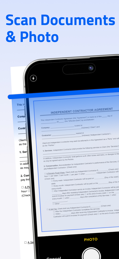 PDF Creatureアプリを使用して独立請負業者契約書をスキャンしているスマートフォンのインターフェイス。
