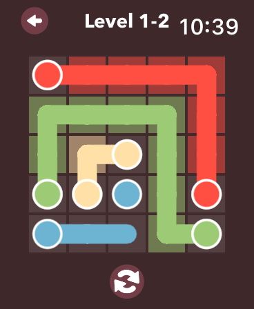 Color Flow - Watch Games - A color matching puzzle game on an Apple Watch screen showing connected colored dots and paths on a grid.