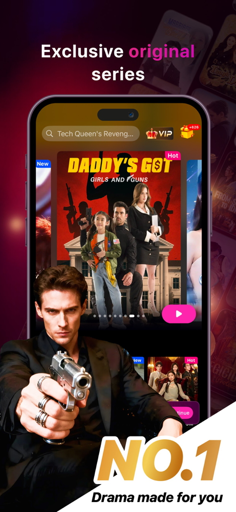 A smartphone screen showing the ShortsWave app interface featuring exclusive short drama series and a No 1 rating badge
