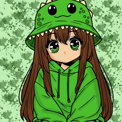 girl with anime shaped eyes with a dinosaur bucket hat oversized sweatshirt long straight hair