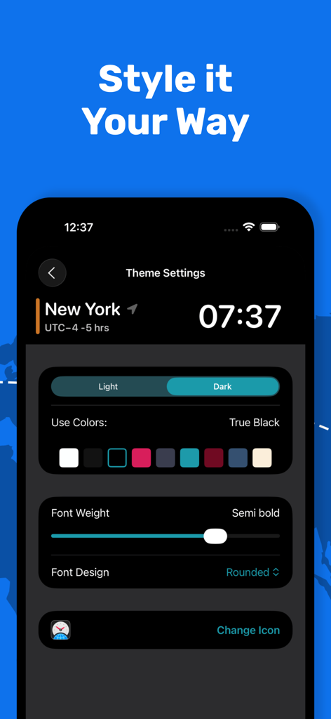 Customization screen of the World Clock app showing theme settings for colors font weight and dark mode