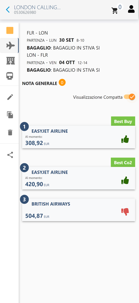 BTTool - Interfaccia dell'app BTTool che mostra le opzioni di volo per viaggi d'affari e i prezzi per un viaggio da Firenze a Londra.