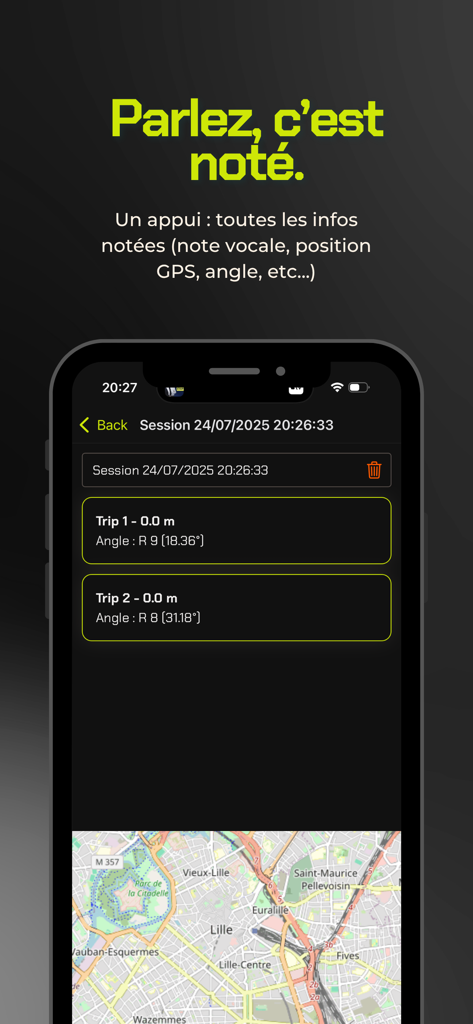 Rally Call - Mobile app interface showing rally reconnaissance notes with trip distance and steering angle data