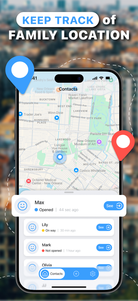 Interfaz de la aplicación Encuentra a mi Familia mostrando las ubicaciones de los miembros de la familia en un mapa con actualizaciones de estado en tiempo real