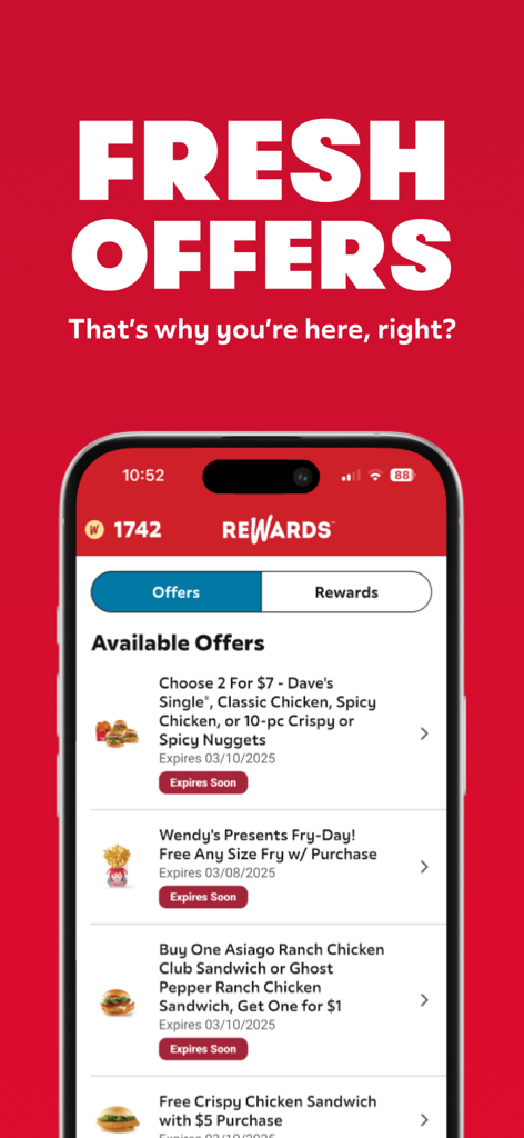 Wendy’s - La interfaz de recompensas de la app de Wendy's mostrando ofertas de comida y descuentos disponibles en un smartphone.