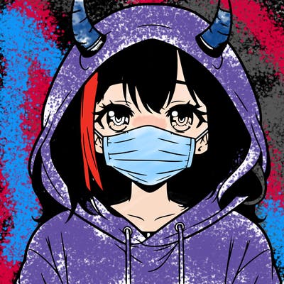 anime teen girl with horns and a hoodie wearing a face mask