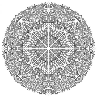 Discover a beautiful circular mandala intricately designed with charming woodland cottages nestled among trees. This symmetrical pattern offers a delightful and calming coloring experience for all ages.