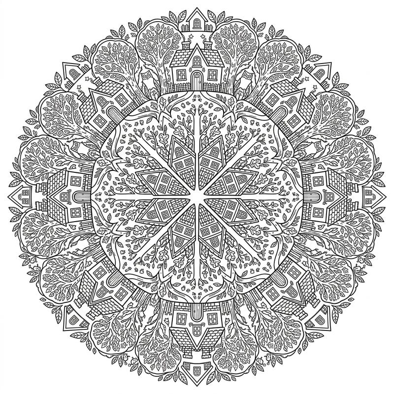 Discover a beautiful circular mandala intricately designed with charming woodland cottages nestled among trees. This symmetrical pattern offers a delightful and calming coloring experience for all ages.