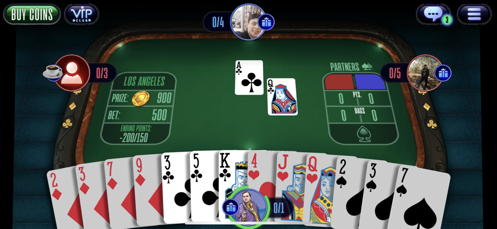 Spades Tournament online game - Gameplay screen of Spades Tournament online game showing a match in progress on a green card table