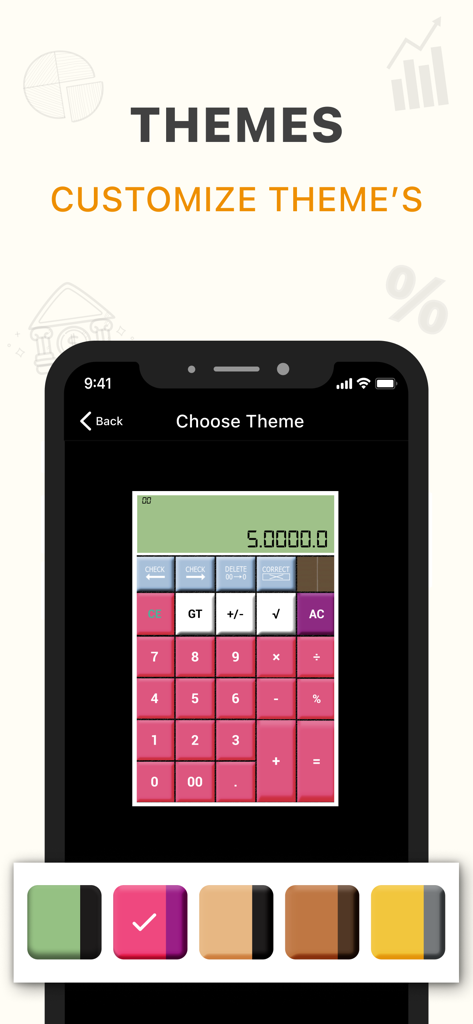 A mobile screen showing various color themes and customization options for the Citizen Calculator app.