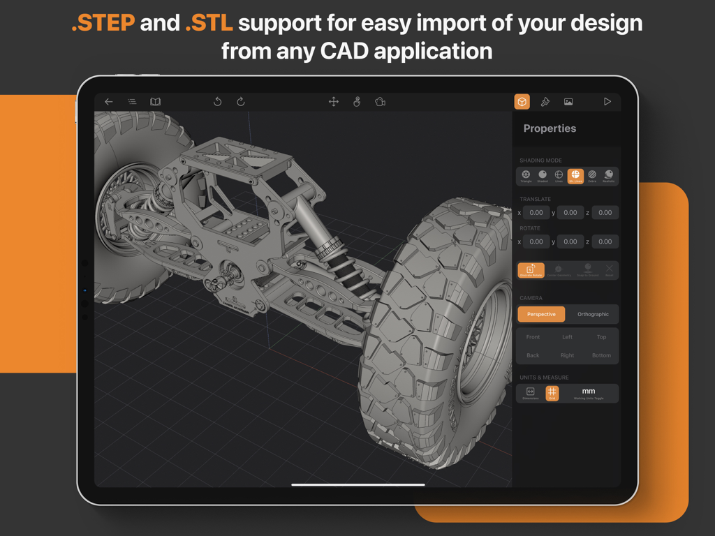 Cadmio app on iPad displaying a 3D mechanical CAD model with properties and import settings for STEP and STL files