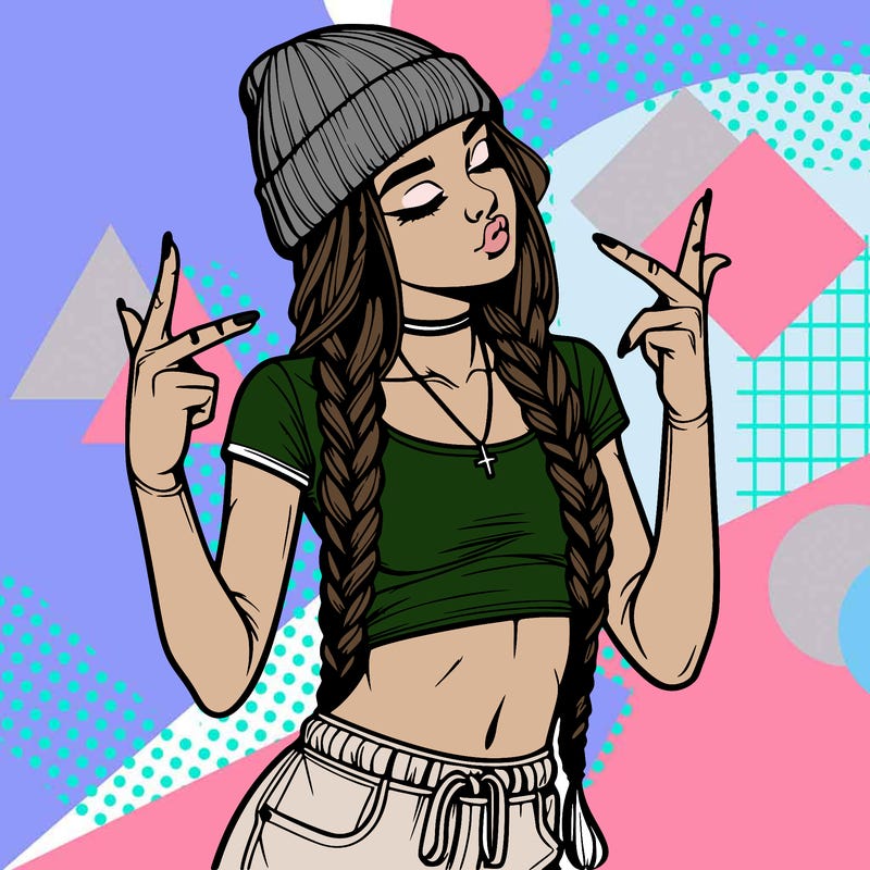 realistic teenage girl with braids and a beanie and crop top doing 🫶🏼