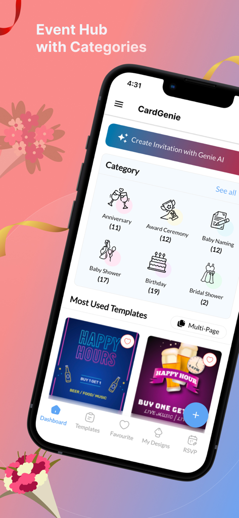 Invitation Design & Card Maker - CardGenie mobile app interface displaying various invitation categories and popular design templates