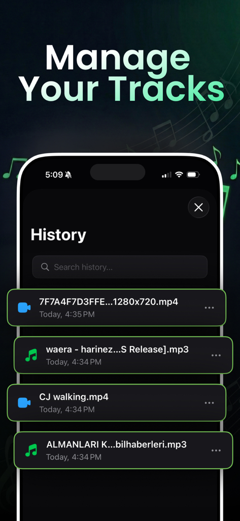 Volume Booster - Sound & Bass - Interface de aplicativo móvel mostrando a tela de histórico e gerenciamento de faixas para arquivos de áudio e vídeo.