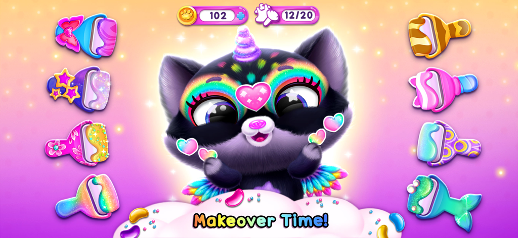 A cute fluffy black cat with a unicorn horn and rainbow face paint in the Fluvsies makeover salon