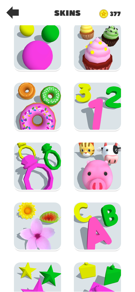 Connect Balls - Line Puzzle - - Varios aspectos personalizables para el juego móvil Connect Balls Line Puzzle, incluyendo cupcakes, donas e iconos de animales.