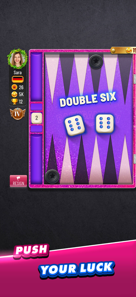 Backgammon Plus - Board Games - Interfaccia di gioco di backgammon per cellulare che mostra un doppio sei con i dadi su un tavolo viola con un profilo giocatore e il testo 'Push your luck'.