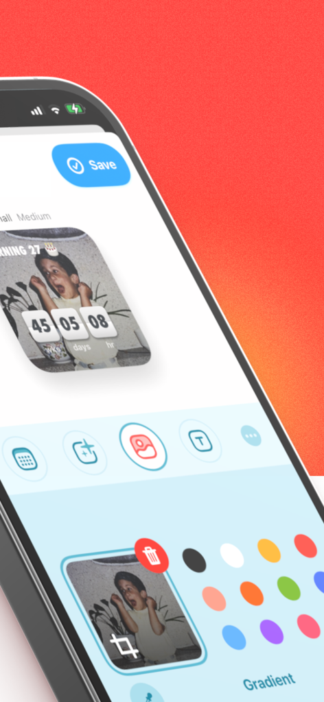 Customizing a personalized countdown widget with a photo and color palette in the Countdown Buddy app.