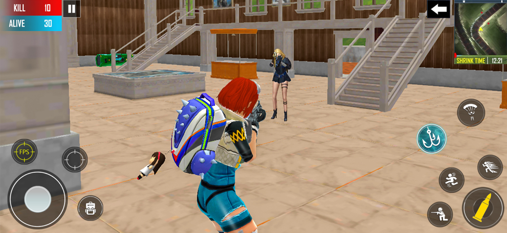 Gameplay screenshot of Max Fire Battlegrounds Offline showing a character with a spiked backpack aiming at an opponent in a large hall.
