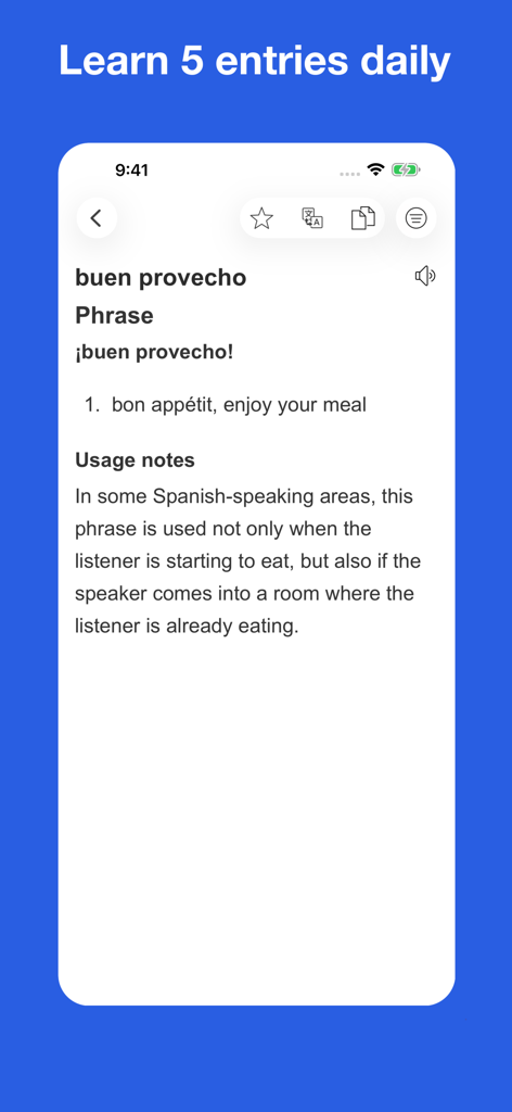 Spanish Idiom Dictionary - Spanish idiom dictionary app showing the definition and usage notes for the phrase buen provecho