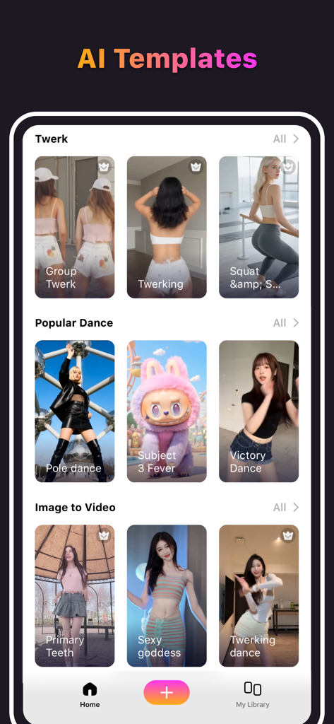 AI Danza-AI Video Editor&Maker - AI Danza app interface showcasing a variety of AI-powered dance and video templates for social media creators