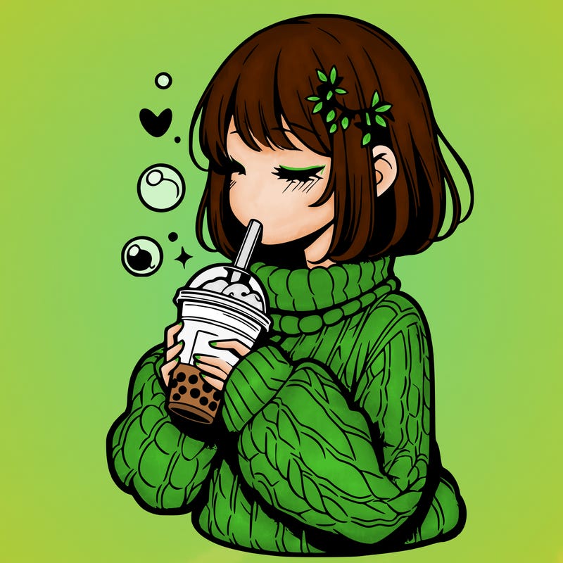 manga girl drinking boba in cozy sweater