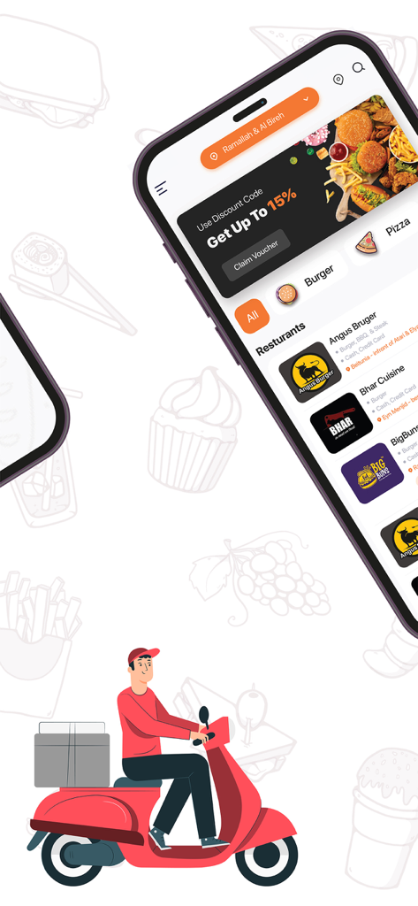 Food On Time App - Smartphone mostrando o aplicativo Food On Time com listas de restaurantes e uma ilustração de um entregador em uma scooter vermelha