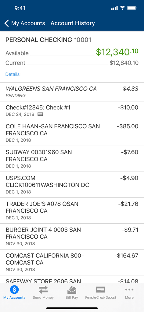 Center Parc Credit Union - Center Parc Credit Union mobile app showing personal checking account transaction history and balance
