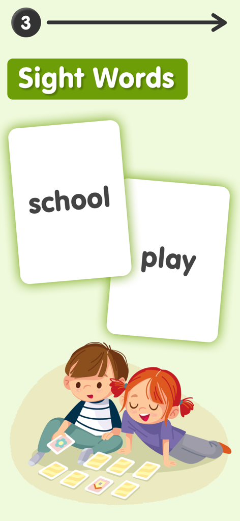 Educational app screen showing digital sight words flashcards for school and play with illustrated children.