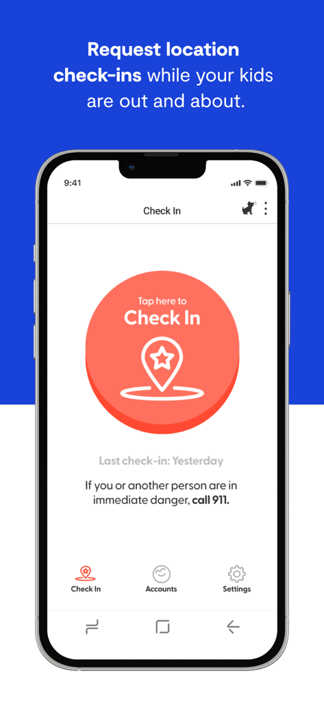 Bark Kids - Interface do aplicativo Bark Kids mostrando a tela de check-in de localização com um grande botão vermelho para as crianças tocarem.