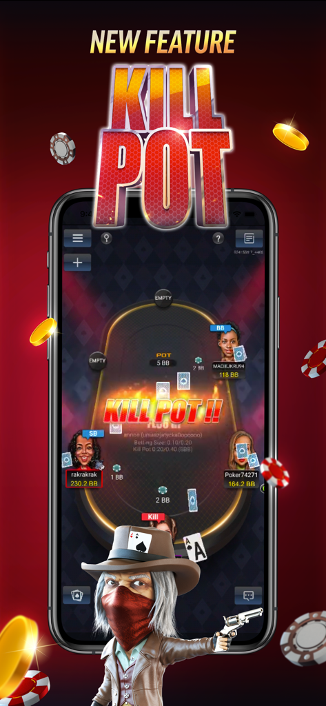 PokerBROS - Your Poker App - PokerBROS mobile app showing the new Kill Pot feature on a digital poker table