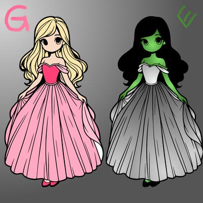 two girls in long flowing dresses