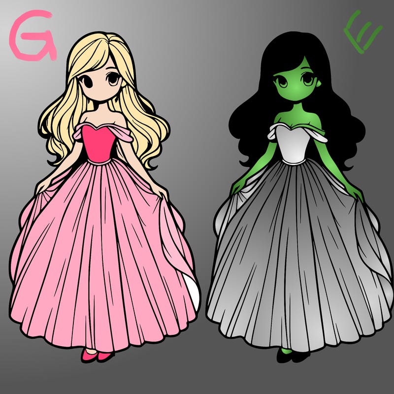 two girls in long flowing dresses