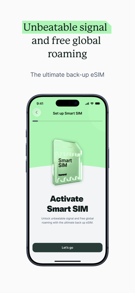 Honest Mobile - Honest Mobile app interface showing the Smart SIM activation screen for global roaming