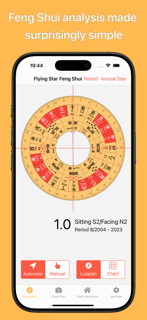 Flying Star Feng Shui app showing a digital compass for home energy analysis