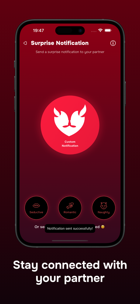 Schermata dell'app Heat per inviare notifiche a sorpresa a un partner con categorie romantiche e flirtanti.