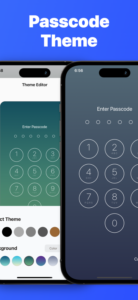 Passcode theme customization interface in the Photo Lock app showing different colors and background options for the lock screen.