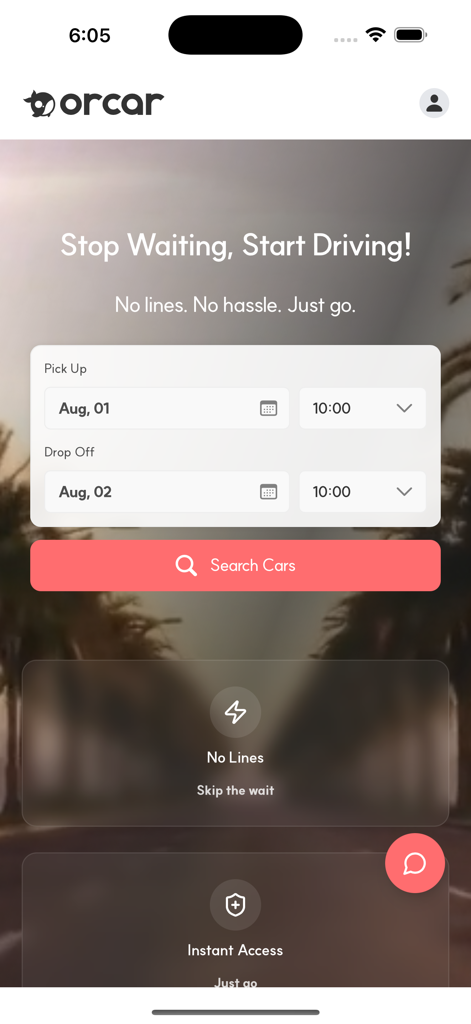 Orcar: Jeju Car Rental - Orcar mobile app home screen for Jeju car rentals featuring a search interface for pick up and drop off dates