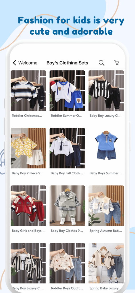 Cheap Kids Clothing Fashion - Uno schermo mobile che mostra una selezione di adorabili e trendy completi per ragazzi per neonati e bambini nell'app Cheap Kids Clothing Fashion.