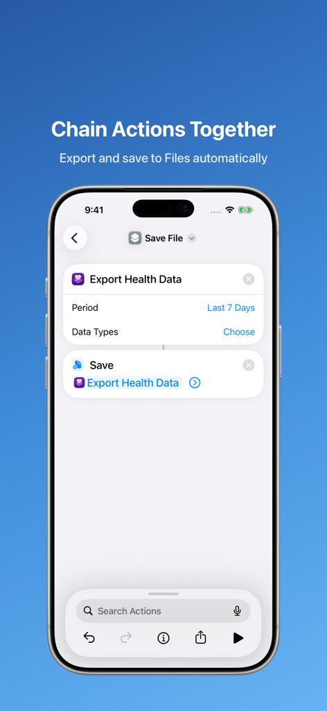 Siri Shortcuts workflow showing automated Apple Health data export and file saving